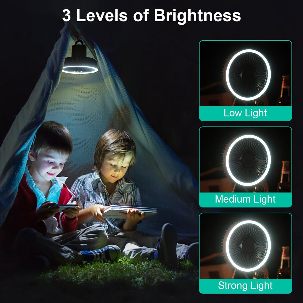 Camping Fan With Lantern Rechargeable Battery Powered Portable Tripod Fan For Tent With Hanging Hook Carabiner Emergency Power Bank Desk Fan With Timer Speed Brightness Setting