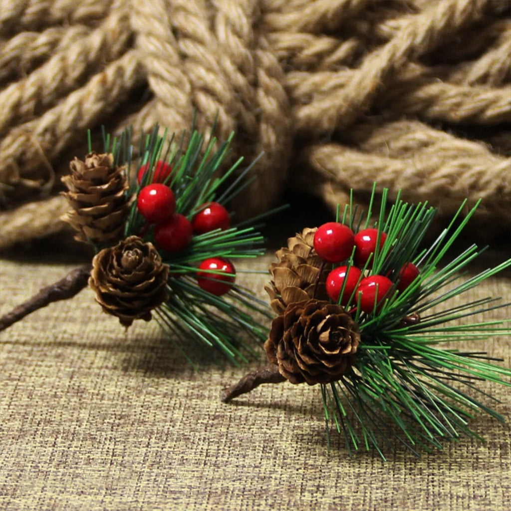 10 PCS Christmas Mini Artificial Pine Picks With Red Berries And Natural Pinecones Evergreen Pine Sprigs Holly Berries Faux Pine Needles For Festival Xmas Decorations Table Centerpiece