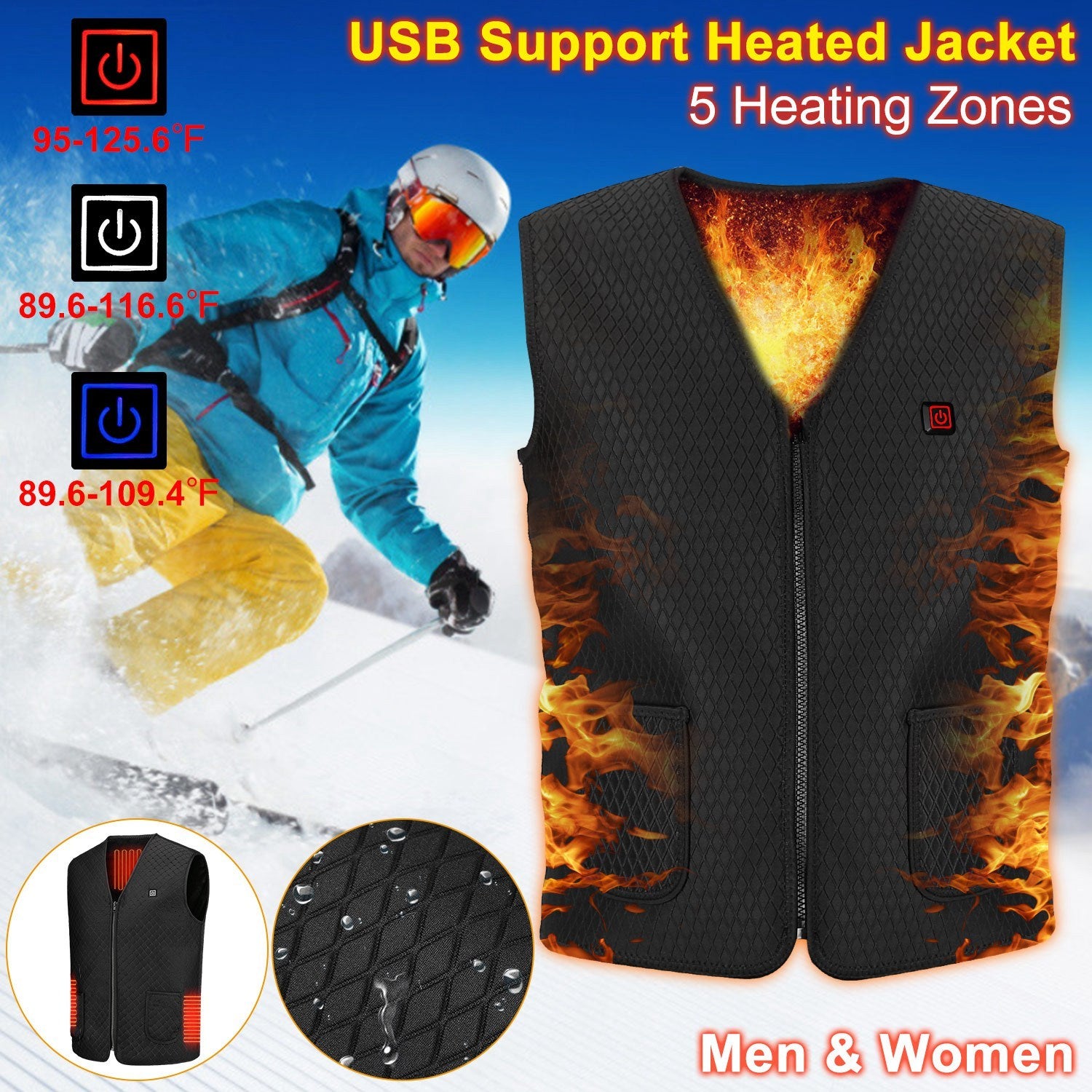 1Pc Heat Jacket Vest 3 Heating Gear Adjustable USB Heated Vest Warm Heat Coat Vest With 5 Heating Zones For Men Women Winter Outdoor Activity