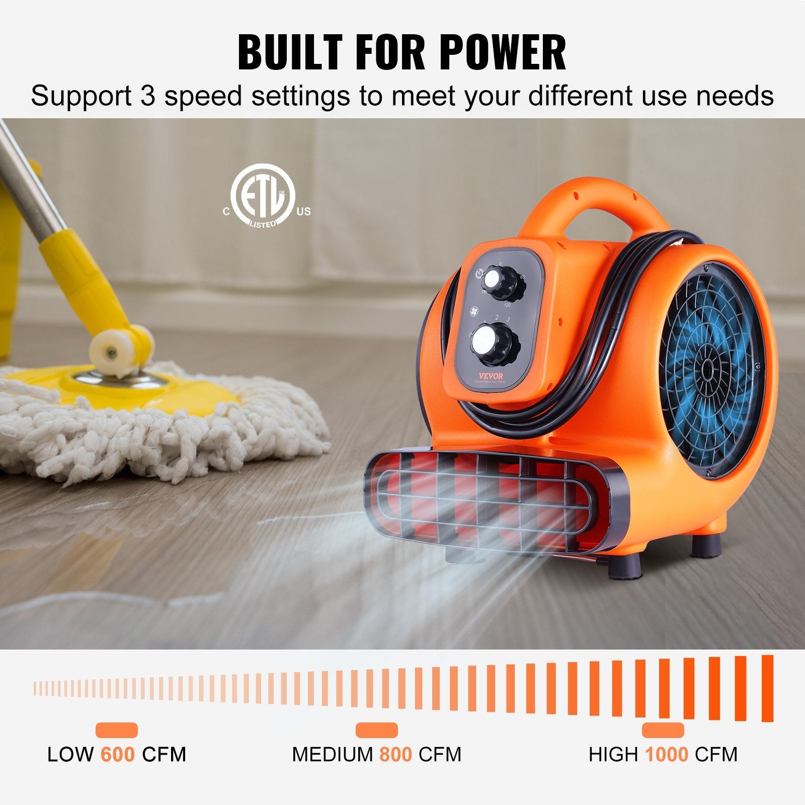 VEVOR Floor Blower, 1000 CFM Air Mover For Drying And Cooling, Portable Carpet Dryer Fan With 4 Blowing Angles And Time Function, For Janitorial, Home, Commercial, Industrial Use, ETL Listed