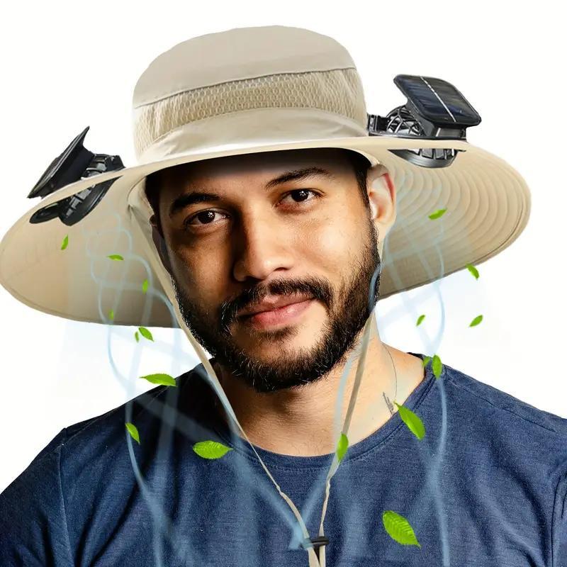 Unisex Solar Powered Black Fan Outdoor Fishing Wide Brim Sun Hat For Camping And Work