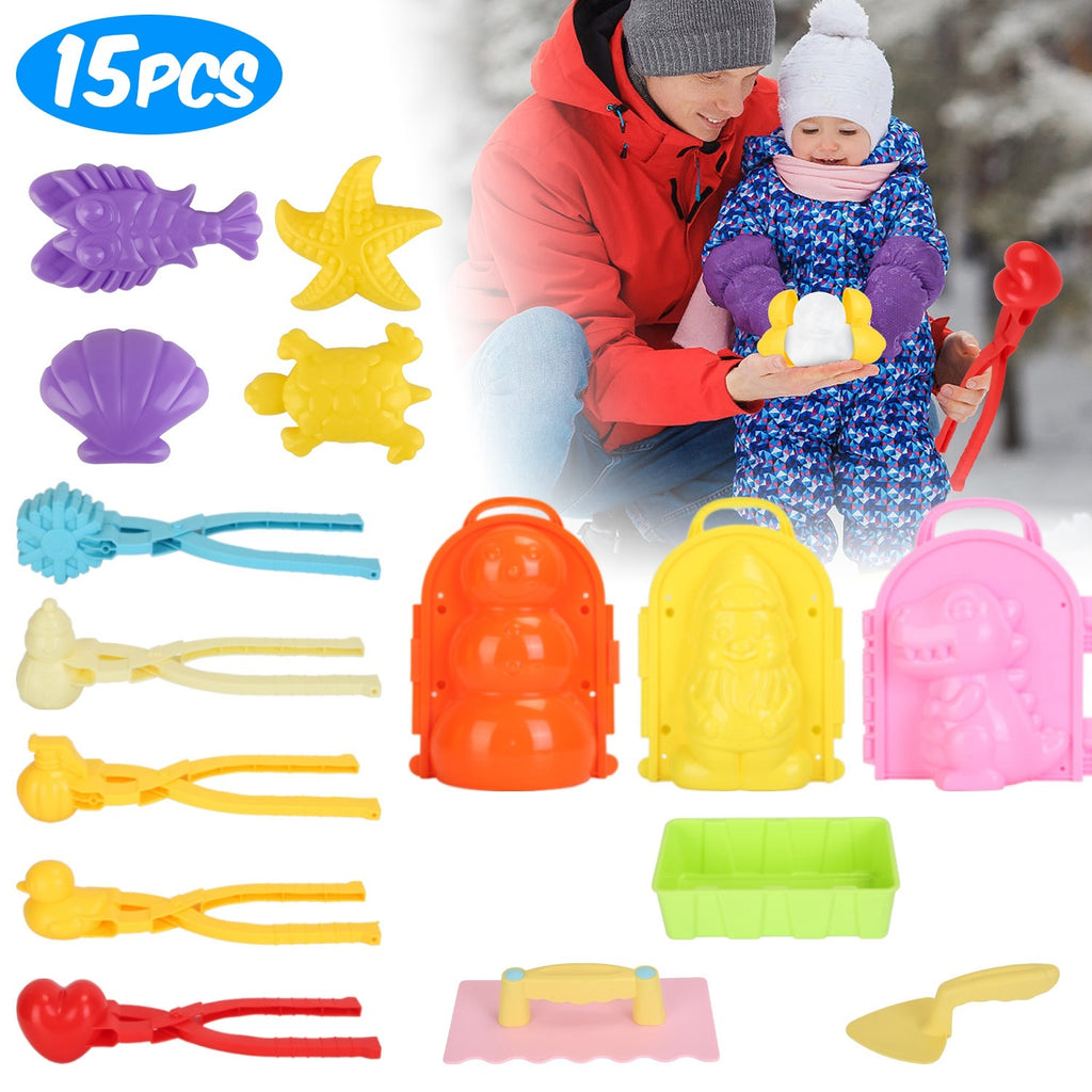 Set Of 15Pcs Winter Snowball Tool Kit Kids Snow Molds Outdoor Snow Beach Toys For Kids Toddlers Adults Snowman Snowflake Duck Dinosaur