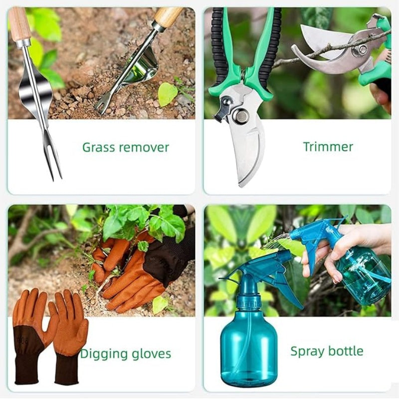 Wooden Handle Stainless Steel Lightweight Portable Easy To Store Ladies Gardening Tool Set With Pruning Shears