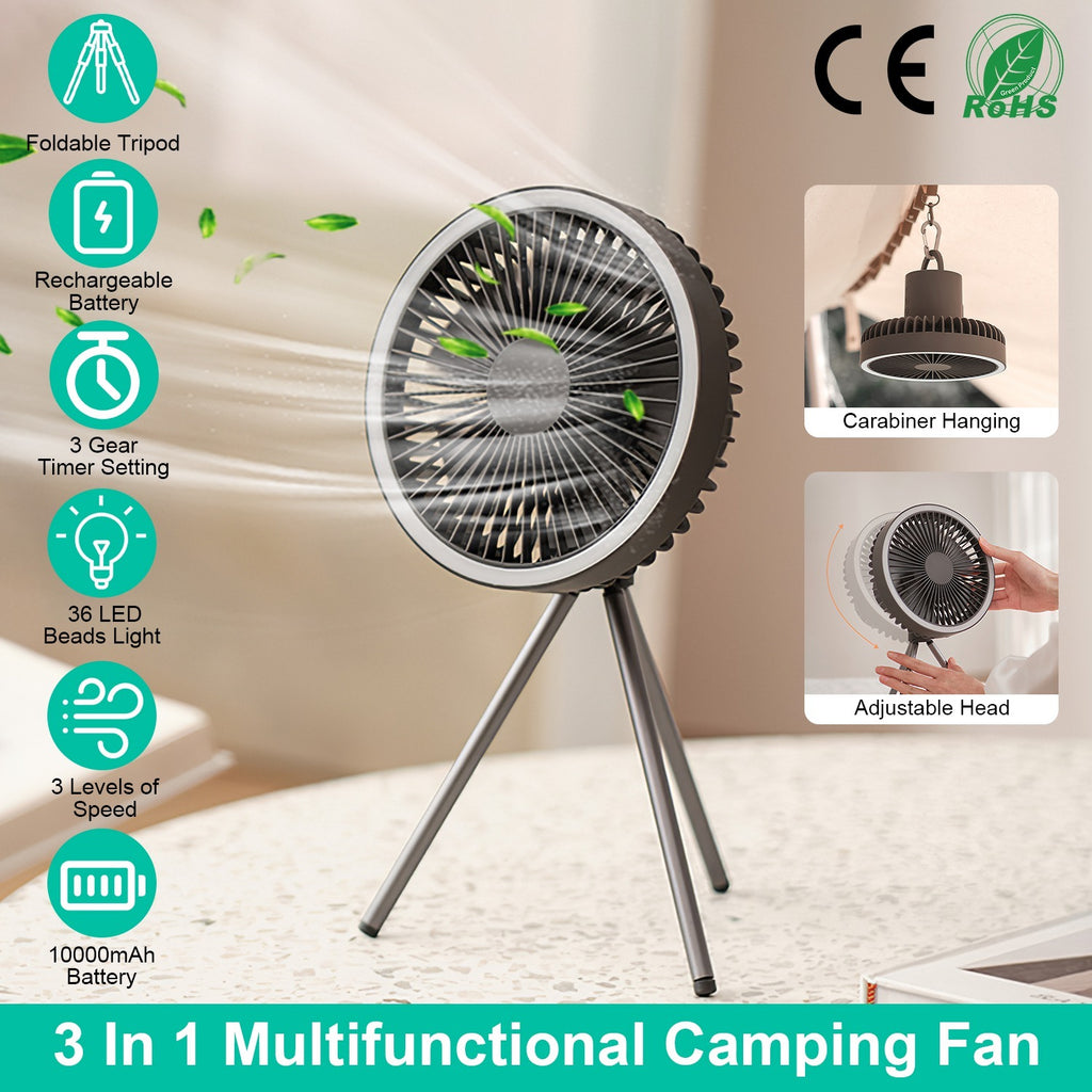 Camping Fan With Lantern Rechargeable Battery Powered Portable Tripod Fan For Tent With Hanging Hook Carabiner Emergency Power Bank Desk Fan With Timer Speed Brightness Setting