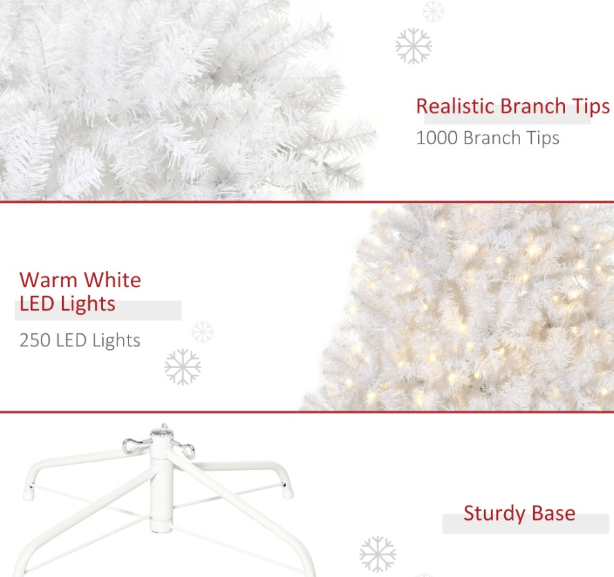 6ft White Christmas Tree Pre Lit PVC With Metal Stand 250 Warm White LED Tips For Home Decoration
